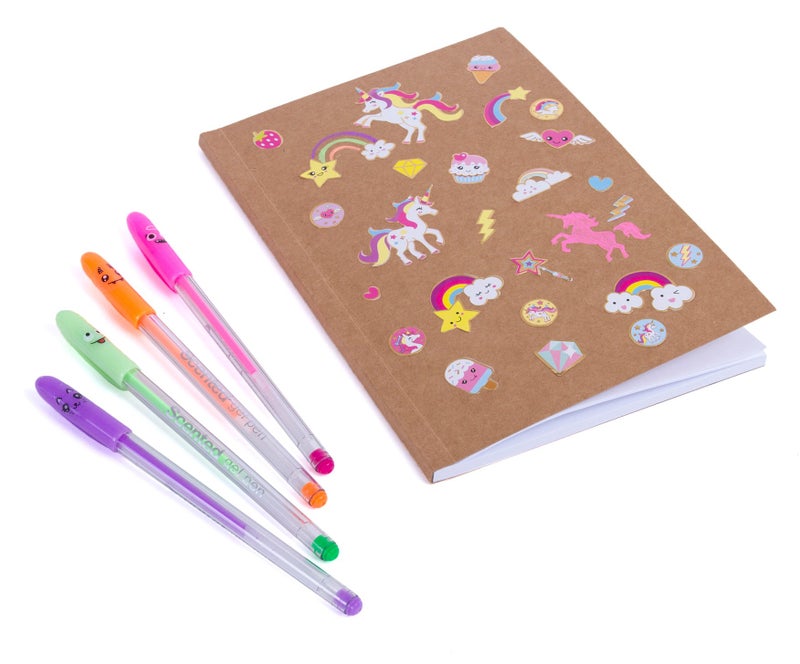Hot Focus DIY Unicorn Notebook Kit - Decorate Your Own Journal Diary with 4 Scented Gel Pens, Scratch â€˜N Sniff Unicorn Stickers and Stencils - Image 3