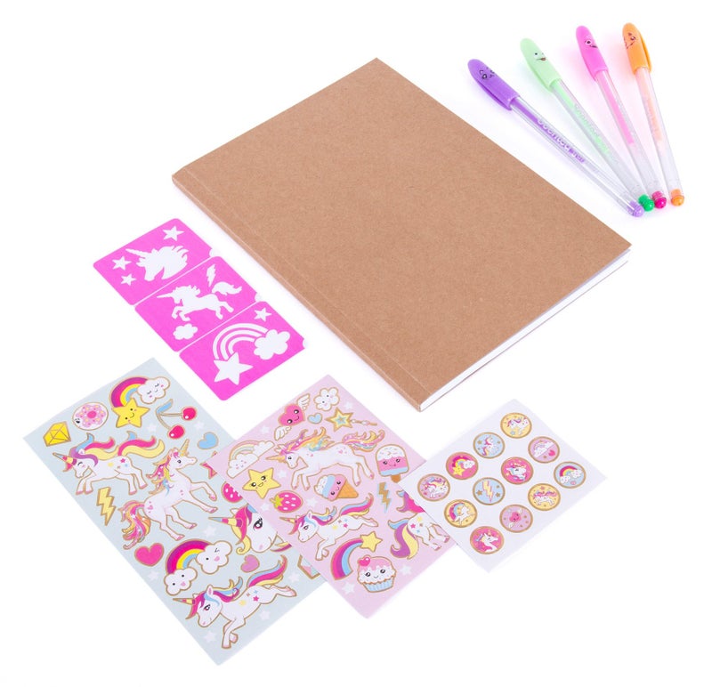 Hot Focus DIY Unicorn Notebook Kit - Decorate Your Own Journal Diary with 4 Scented Gel Pens, Scratch â€˜N Sniff Unicorn Stickers and Stencils - Image 2