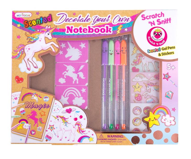 Hot Focus DIY Unicorn Notebook Kit - Decorate Your Own Journal Diary with 4 Scented Gel Pens, Scratch â€˜N Sniff Unicorn Stickers and Stencils - Image 1