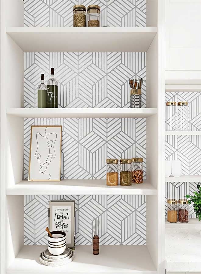 رَوَائِد ورق جدران هندسي عصري لاصق – 17.3 × 196.8 بوصة، لتزيين جدار غرفة النوم، قابل للإزالة، صديق للمستأجرين، من الفينيل الذاتي اللصق لتغطية الخزائن والجدران باللون الأبيض - Image 4