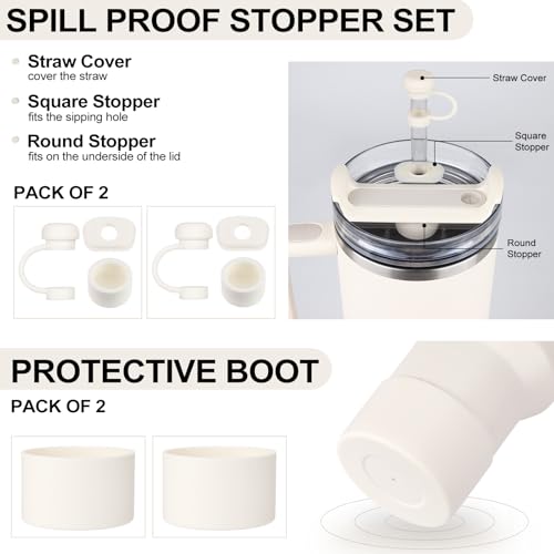 HYZ 8 Piece Accessories for Stanley Cup, Silicone Spill Proof Stopper Set and Protective Boot Including Straw Cover Cap for Stanley H2.0 20oz 30oz 40oz Tumbler, Cream - Image 2