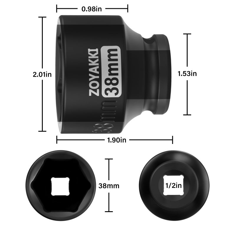 ZOYAKKI 12 Drive x 38mm Shallow Impact SocketCRMO Steel1PCS Drive 6 Point Axle Nut Socket for Easy Removal of Axle Shaft Nuts Metric 38MM - Image 4