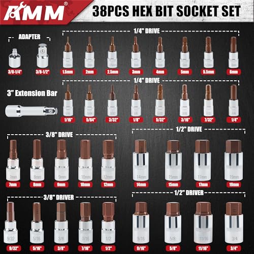 AMM 38PCS Master Allen Socket Set，SAE and Metric Hex Bit Socket Set，1/4"， 3/8"，1/2" Drive，H1.5 ~ H19 & H1/16 ~ H3/4，3/8" Ratchet，Extension Bar and Socket Adapters - Image 2
