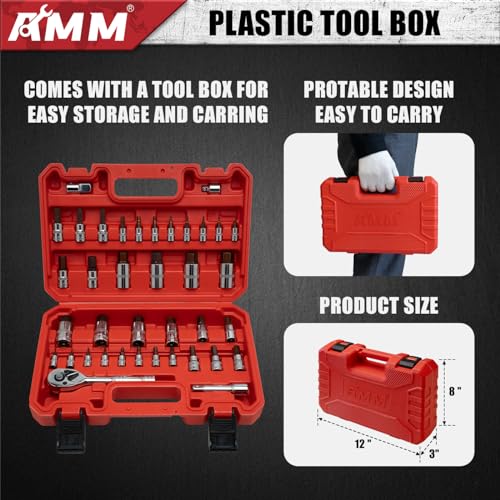 AMM 38PCS Master Allen Socket Set，SAE and Metric Hex Bit Socket Set，1/4"， 3/8"，1/2" Drive，H1.5 ~ H19 & H1/16 ~ H3/4，3/8" Ratchet，Extension Bar and Socket Adapters - Image 5
