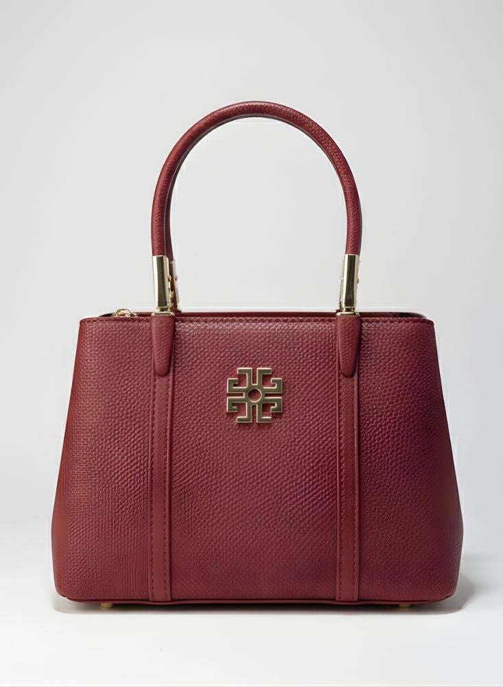 بريميم حقيبة يد نسائية أنيقة بلون أحمر بورغندي، ذات مقبض علوي وتفاصيل ذهبية، بلمسة نهائية أنيقة. - Image 1