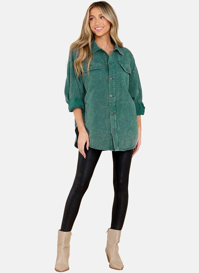 YUNIQEE Green Relaxed Fit Spread Collar Long Sleeves Shirts