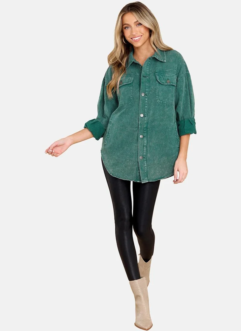 YUNIQEE Green Relaxed Fit Spread Collar Long Sleeves Shirts