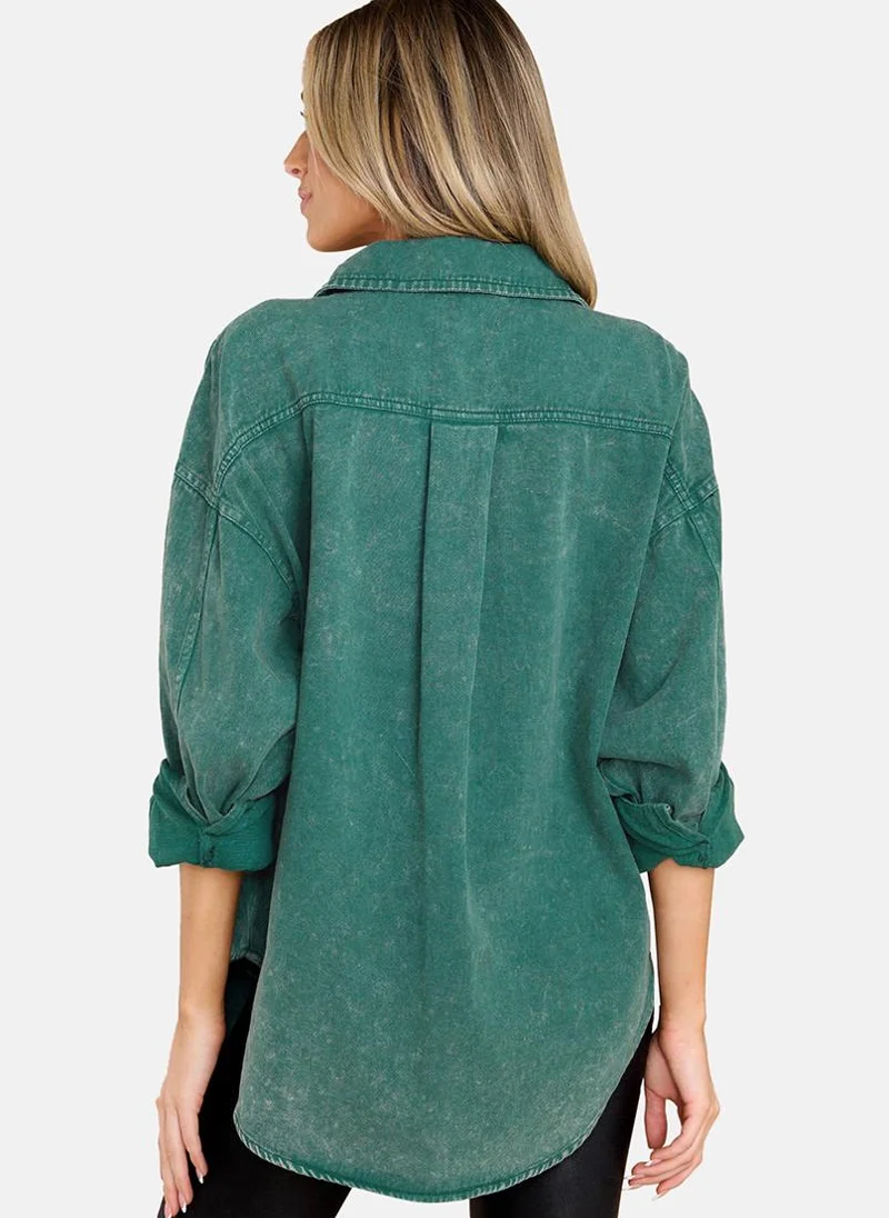 YUNIQEE Green Relaxed Fit Spread Collar Long Sleeves Shirts