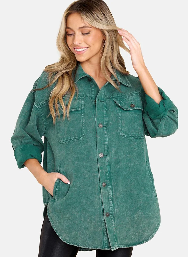 YUNIQEE Green Relaxed Fit Spread Collar Long Sleeves Shirts