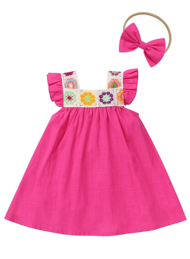 أوبيي فستان مكسيكي مطرز بالزهور من OBEEII للفتيات الصغيرات، فستان كاجوال بأكمام واسعة وقصة واسعة، فستان تقليدي مكشكش لحفلات سينكو دي مايو مع ربطة رأس، طقم من قطعتين، لون وردي فاقع، مقاس 12-18 شهرًا - Image 1