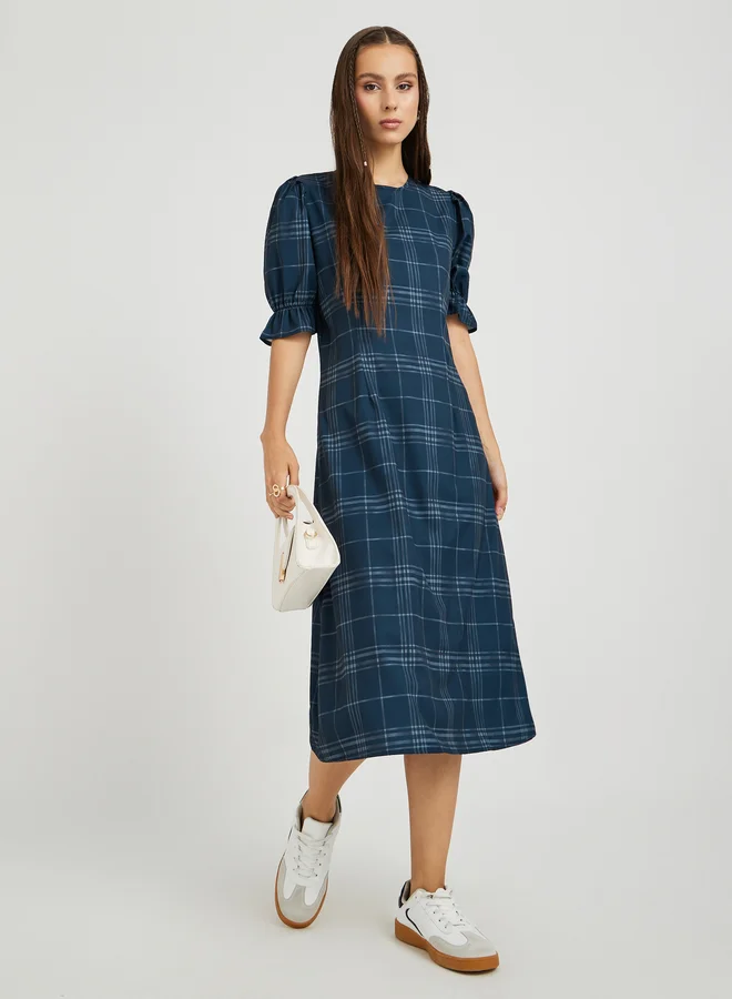 تايك تو Take Two Check Print Puff Sleeve A-Line Midi Dress