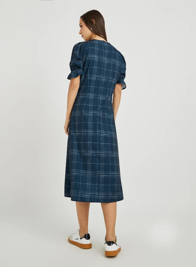 Take Two Take Two Check Print Puff Sleeve A-Line Midi Dress