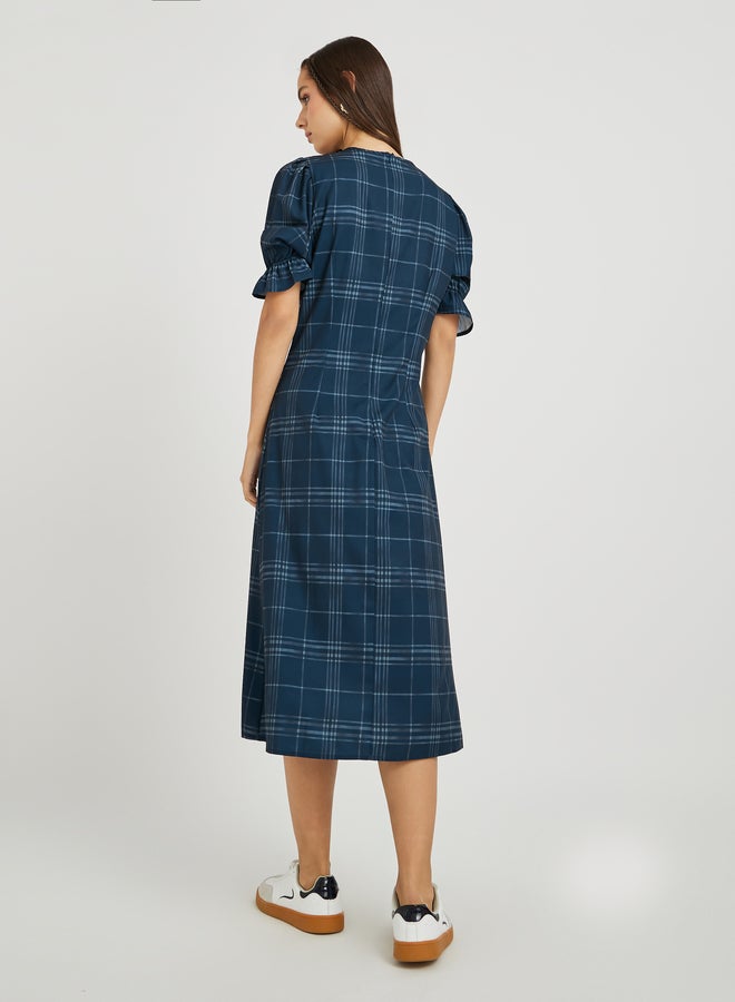 Take Two Check Print Puff Sleeve A-Line Midi Dress - Image 4