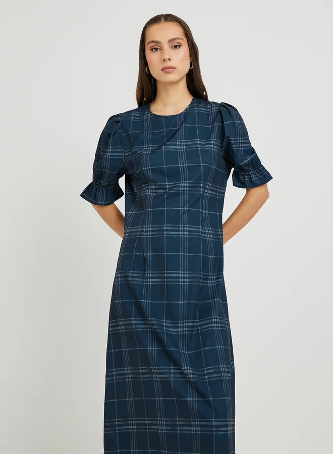 تايك تو Take Two Check Print Puff Sleeve A-Line Midi Dress