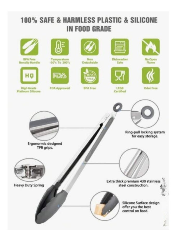 Generic Kitchen Tongs High Quality Silicone Food Tongs Stainless Steel with Silicone Tips, Non Stick, High Temperature Resistant up (grey)  - Image 5