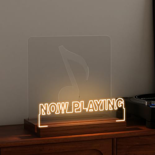 CoolGift Mart Now Playing Vinyl Record Stand, Light up Record Holder, Wooden Acrylic Display with Warm White Lights for Albums, Room Decor, for Vinyl Lovers - Image 1