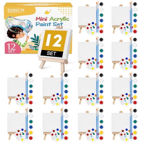 ESRICH 12 Set Mini Acrylic Paint Kit,Minis Stretched Canvas with Easel,Acrylic Paint Strips,Palettes,Painting Brushes, Mini Canvas and Easel Set for Kids Artists Beginner,Gift - Image 1