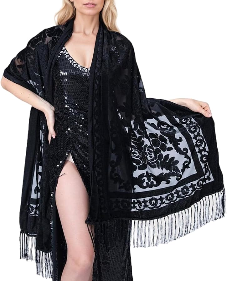 وشاح أسود ذو طابع عرقي متعدد الوظائف مع شرابات طويلة ولفة كتف دافئة - Image 1