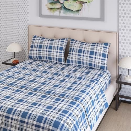 Layers Zen Cotton Blend King Bedsheet Set (Oeko Tex Certified) | 1 King Cotton Bedsheet & 2 Pillow Covers | Breathable & Anti-Wrinkle | 225 CVC | (Checks Print, Navy Blue) - Image 2