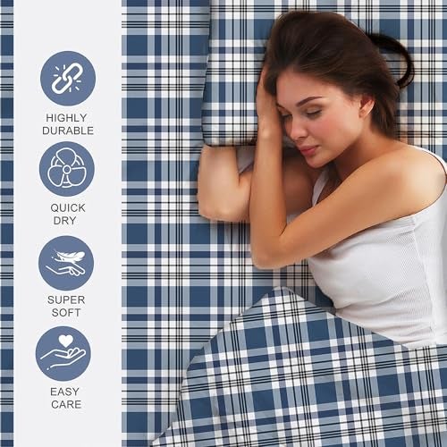 Layers Zen Cotton Blend King Bedsheet Set (Oeko Tex Certified) | 1 King Cotton Bedsheet & 2 Pillow Covers | Breathable & Anti-Wrinkle | 225 CVC | (Checks Print, Navy Blue) - Image 3