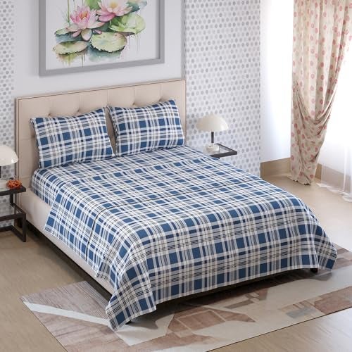 Layers Zen Cotton Blend King Bedsheet Set (Oeko Tex Certified) | 1 King Cotton Bedsheet & 2 Pillow Covers | Breathable & Anti-Wrinkle | 225 CVC | (Checks Print, Navy Blue) - Image 4
