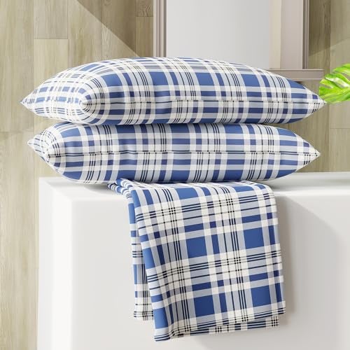 Layers Zen Cotton Blend King Bedsheet Set (Oeko Tex Certified) | 1 King Cotton Bedsheet & 2 Pillow Covers | Breathable & Anti-Wrinkle | 225 CVC | (Checks Print, Navy Blue) - Image 1