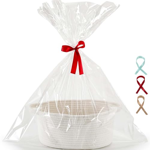 Happyiren Small Gift Basket with Gift Wrap Cellophane Bag and Ribbons Gift Baskets for Christmas Thanksgiving Birthday Baby Shower Raffle Burr Rope Decorative Storage Organizer Container - Image 1