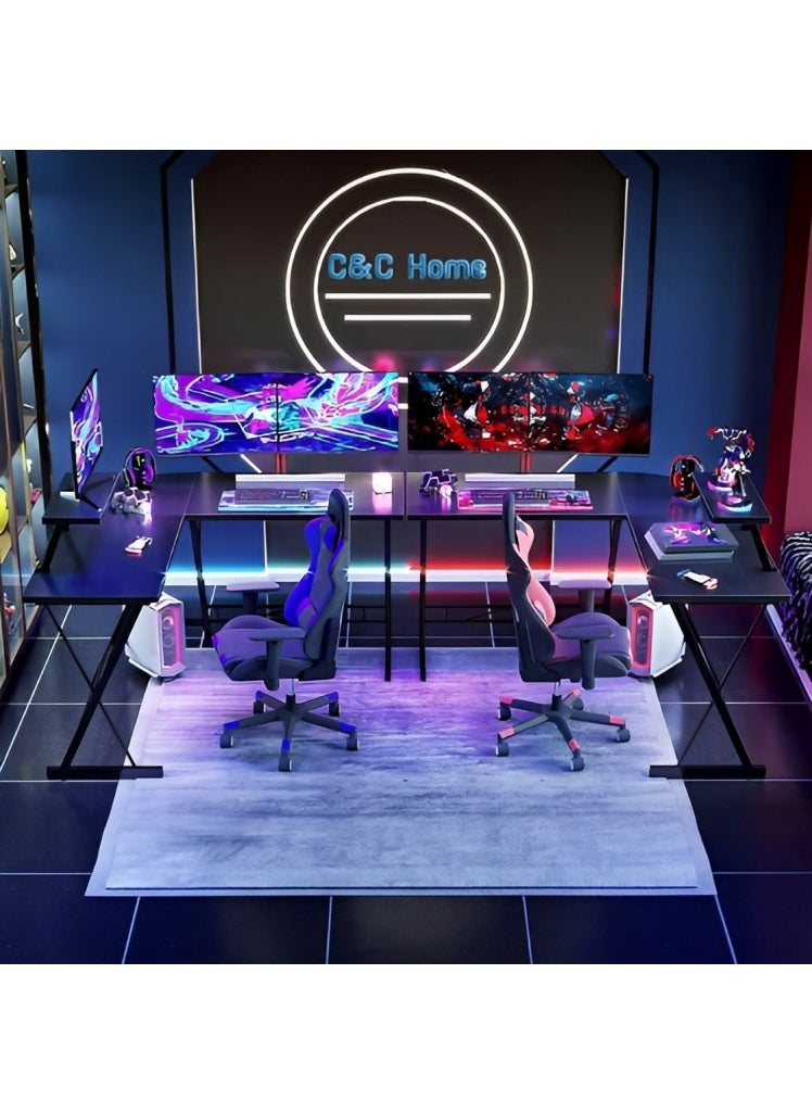 fashionhome - L Shape Gaming Table Computer Desk with Large Monitor Stand Sturdy Writing Workstation 258 x 46 x 74 cm - Image 1