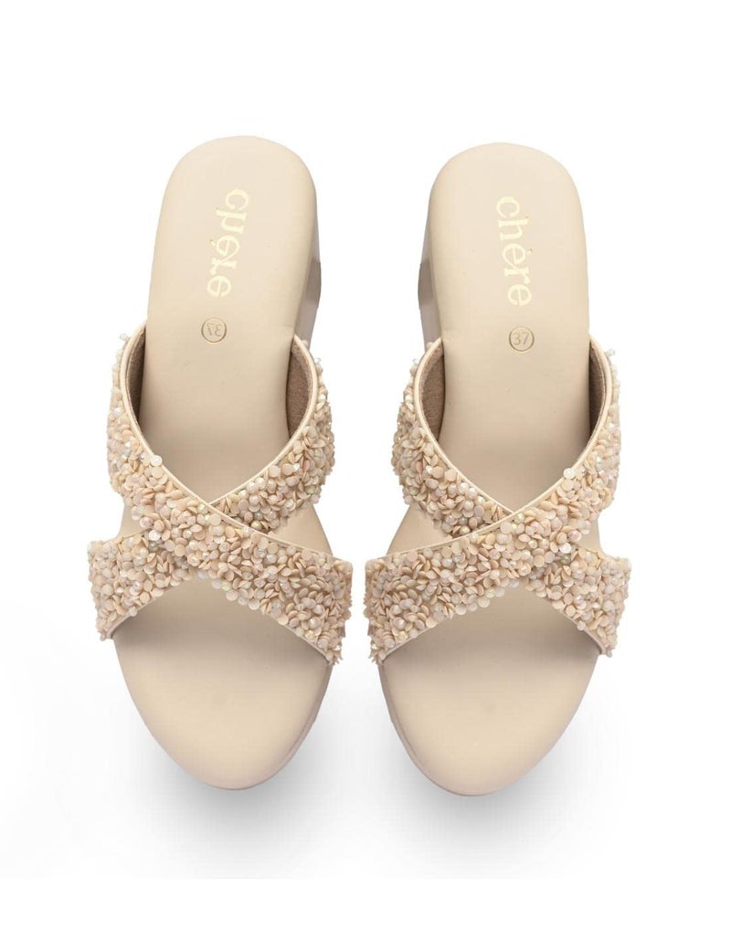 CHERE Women's Beige Embellished Wedges | Comfortable Sandals for Casual, Party and Formal Occasions - Image 1