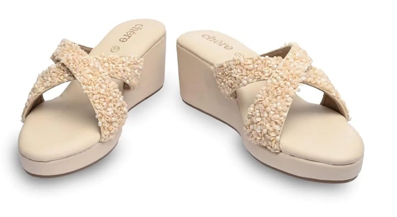 CHERE Women's Beige Embellished Wedges | Comfortable Sandals for Casual, Party and Formal Occasions - Image 2