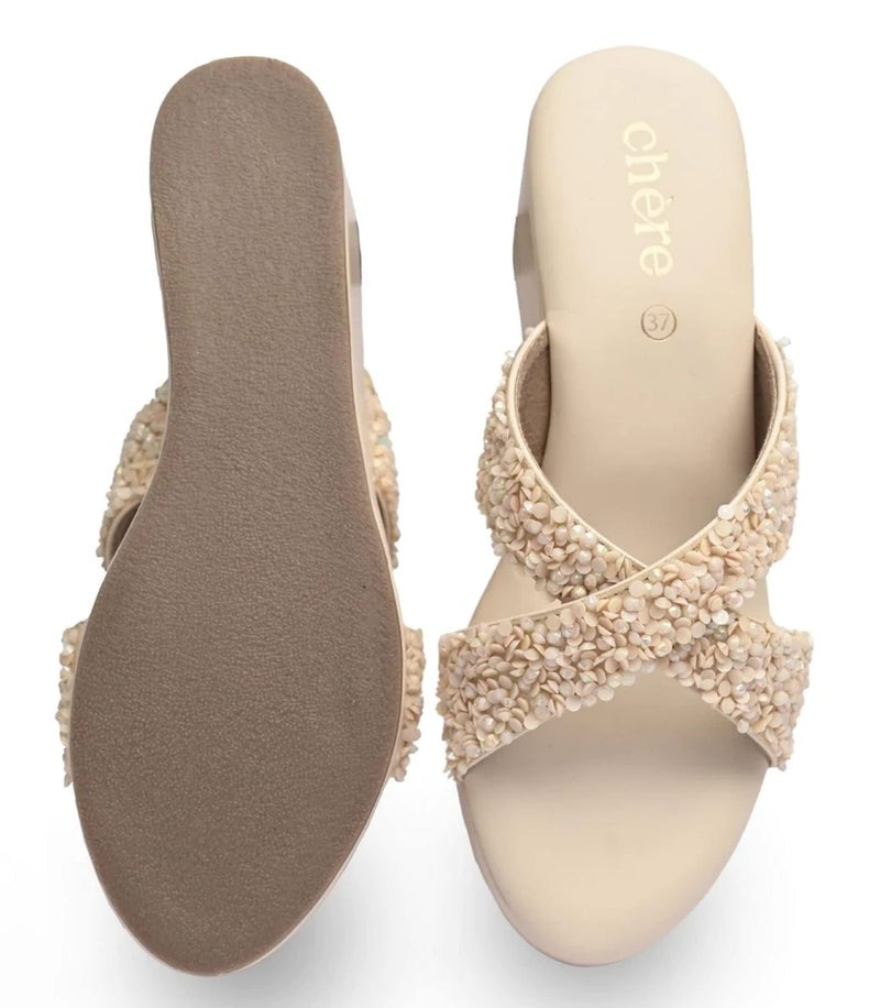CHERE Women's Beige Embellished Wedges | Comfortable Sandals for Casual, Party and Formal Occasions - Image 4
