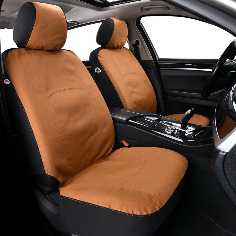 Coverado Car Seat Covers Front, Canvas Universal Seat Covers for Cars, 2-Pack Car Seat Cushions, Auto Seats Protectors for Kids & Dogs, Driver Seat Covers Fit for Most Vehicles Trucks SUVs/Khaki - Image 1