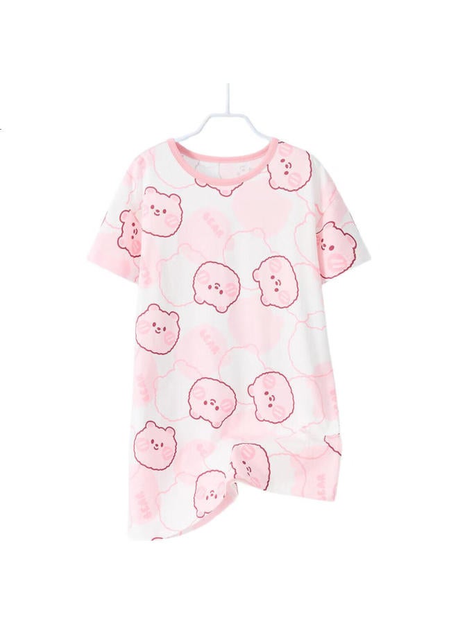 Yuzhaolin Girls' Nightgown, Children'S Pajamas, Home Wear, Summer Pure Cotton, For Older Children, Clothing, Children'S Apparel, Flower And Bear Design - Image 2