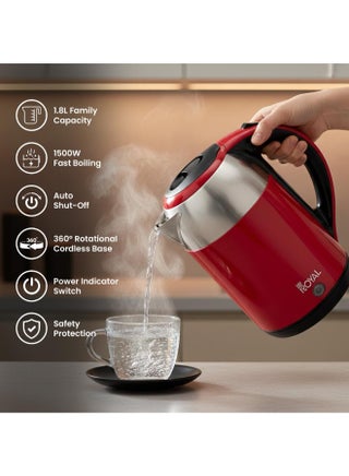Electric Kettle Plastic Housing with Inner Stainless Steel, Dual Sensor & Over Heat Protection, 1.8 L 1500 W RA-EK1864 Red & Silver - view 2