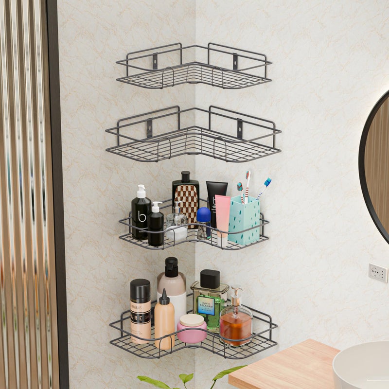 Kuber Industries 4 Pcs Metal Self Adhesive Bathroom Organiser with Drill Screws | Bathroom Corner Shelves/Rack for Wall Adhesive | Corner Stand for Bath Accessories | Grey - Image 1