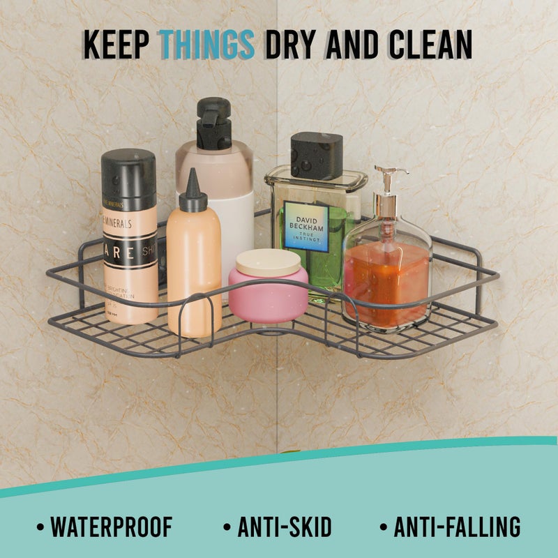 Kuber Industries 4 Pcs Metal Self Adhesive Bathroom Organiser with Drill Screws | Bathroom Corner Shelves/Rack for Wall Adhesive | Corner Stand for Bath Accessories | Grey - Image 5