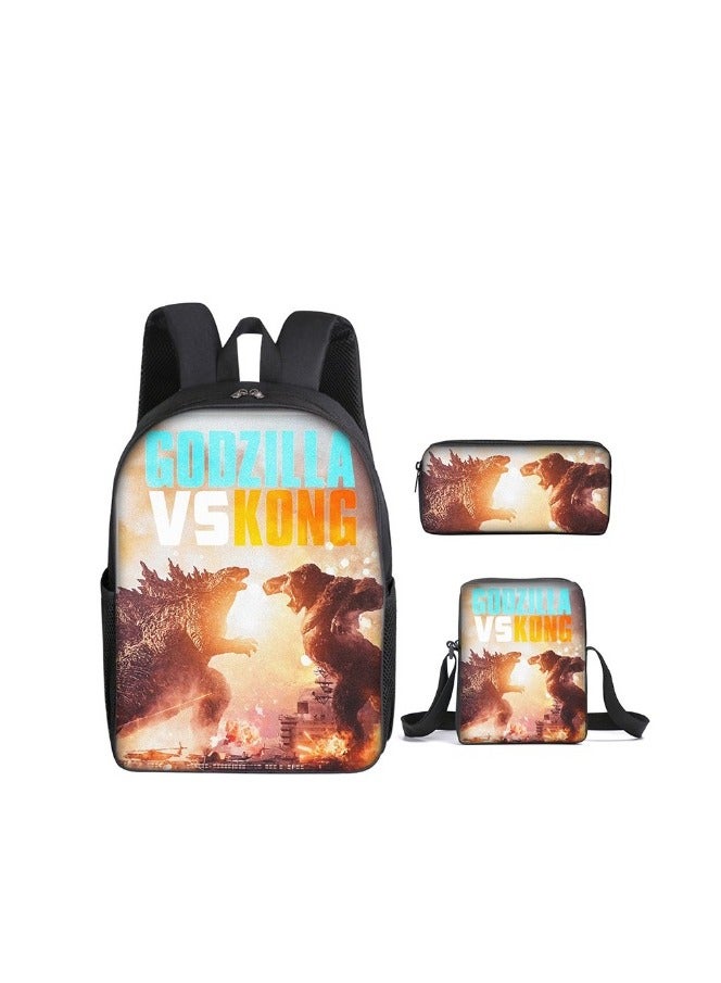 Godzilla Large Capacity Printed Backpack Reducing Load Children's Leisure Backpack for Primary School Students, Set of 3 - Image 1