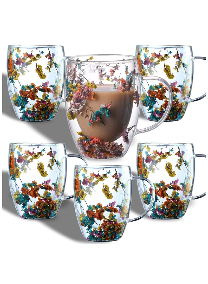 3Diamonds Double Wall Glass Coffee Mugs 350ml with Real Dry Flowers Set of 6, Insulated Flower Glass Mugs, Aesthetic Clear Cups, Unique Gift Box - Image 1