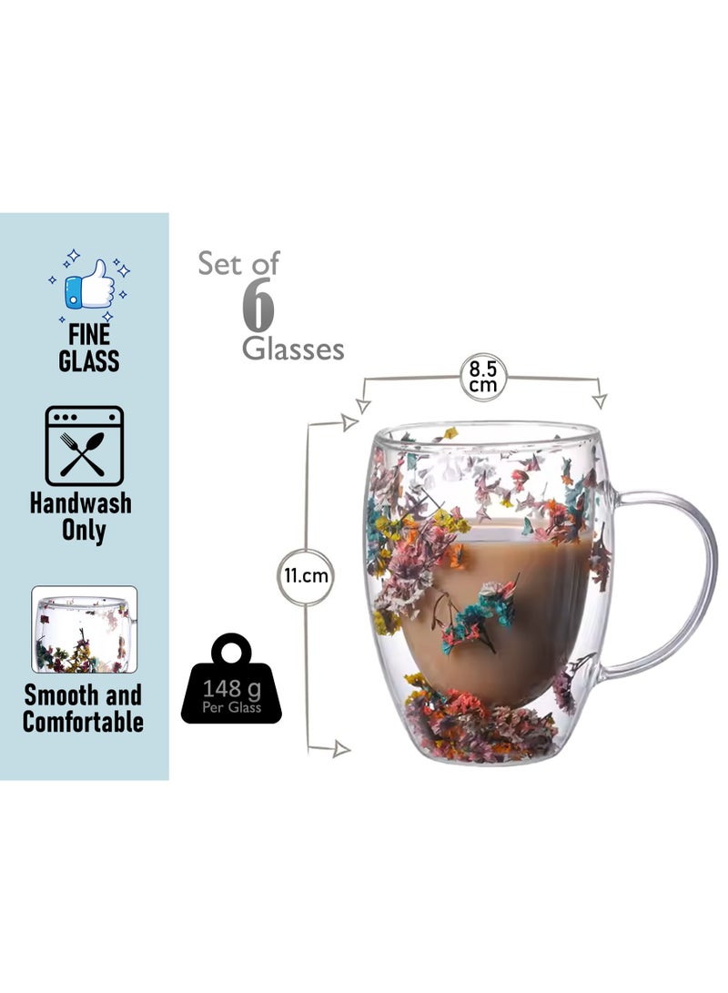 3Diamonds Double Wall Glass Coffee Mugs 350ml with Real Dry Flowers Set of 6, Insulated Flower Glass Mugs, Aesthetic Clear Cups, Unique Gift Box - Image 2