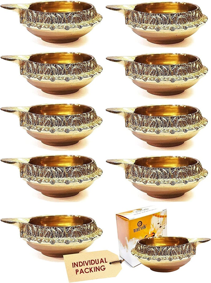 CRAFTSMAN SATVIK Set of 10 Pure Brass Kuber Diya for Diwali Decoration Traditional Puja Oil Lamp for Home Temple Brass Diya for Diwali Pooja Festive Use - Image 2