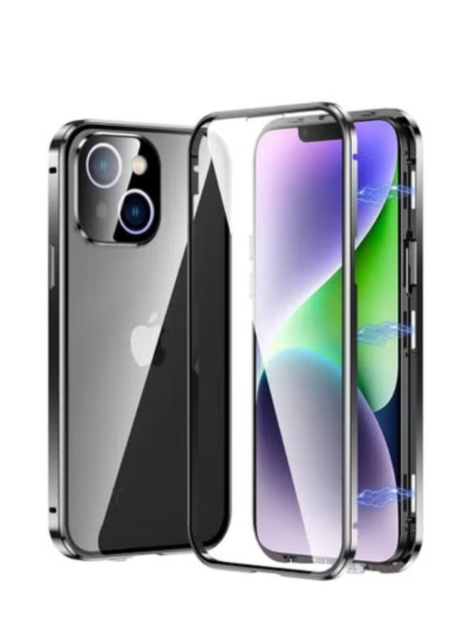حافظة معدنية لـ iPhone 15/15 Plus، حماية كاملة بزوايا 360 درجة، تصميم شفاف فائق الرقة مع حماية زجاجية مزدوجة الجوانب للشاشة.