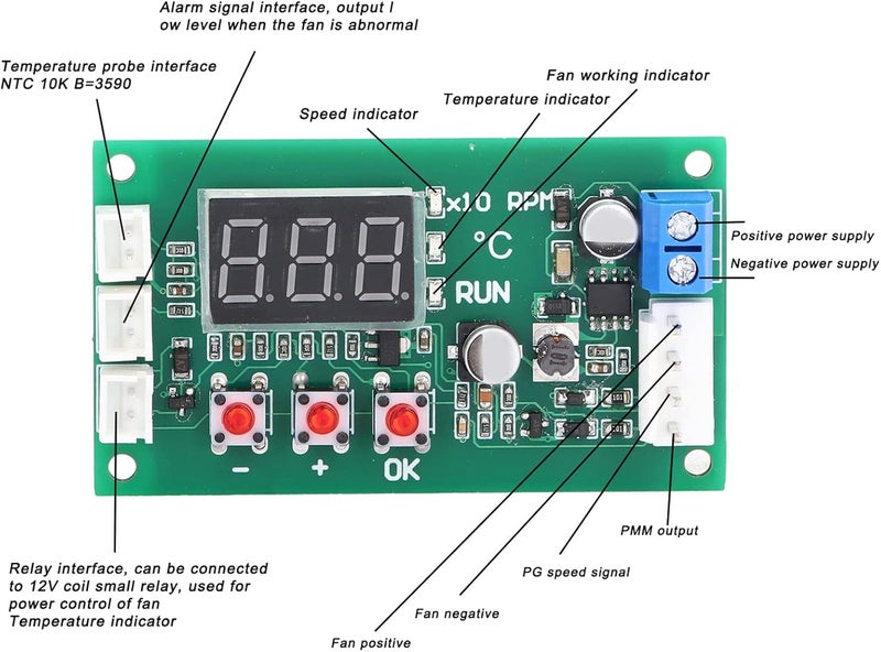 حاكم تحكم درجة حرارة المروحة، وحدة PWM رقمية ذات 4 أسلاك لمروحات EBM EC، جهد واسع من DC12 إلى 48V، مع قياس دقيق لدرجة الحرارة في النطاق من -9.9 إلى 99.9 درجة مئوية واستهلاك منخفض للطاقة في درجات الحرارة المنخفضة. - Image 4