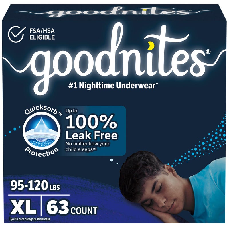 GoodNites سراويل نوم للأطفال من جودنايتس، حجم كبير جداً (95-120 رطل)، 63 قطعة (3 عبوات من 21)، قد يختلف التغليف - Image 1