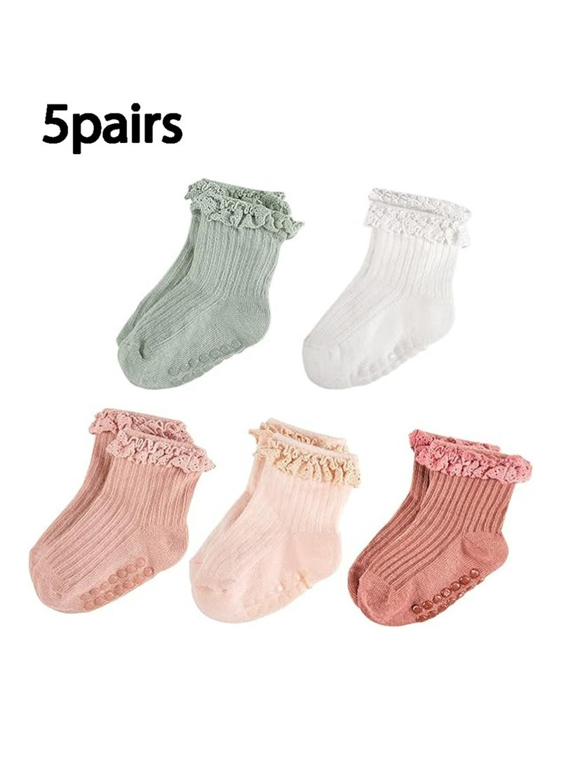 5 أزواج من الجوارب المزركشة للبنات الصغيرات جوارب مانعة للانزلاق للفتيات الصغيرات جوارب قطنية لطيفة مزركشة للكاحل مانعة للانزلاق للأطفال حديثي الولادة والأطفال الصغار - Image 1