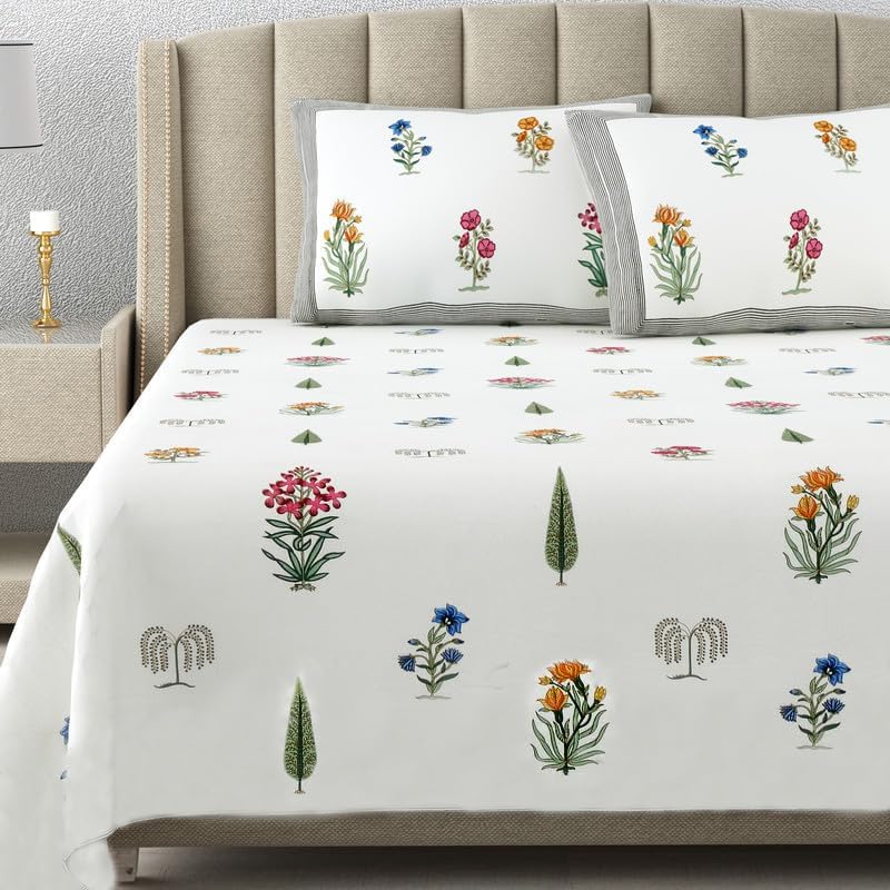 ElanorHomes 240 TC Cotton Double King Size Bedsheet | Ultra-Soft & Skin-Safe | Breathable Summer Comfort | 93x108 inches with 2 Pillow Covers (Gulzaar) - Image 1