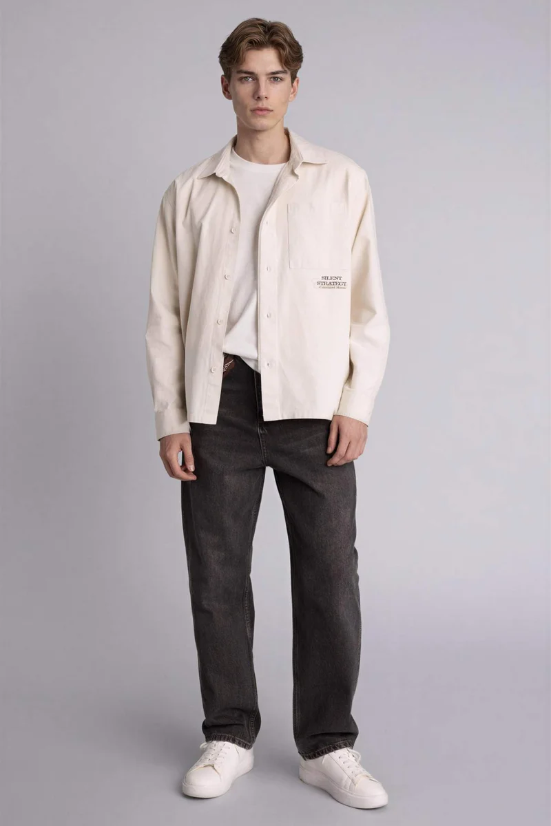 DeFacto Boxy Fit Polo Collar Printed Long Sleeve Shirt