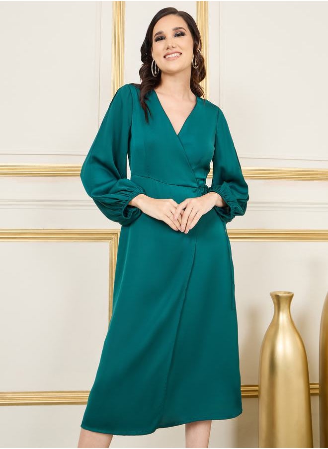 Styli - Satin Slit Sleeves V Neck Wrap Midi Dress - Image 1