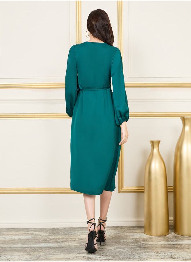 Styli - Satin Slit Sleeves V Neck Wrap Midi Dress - Image 1