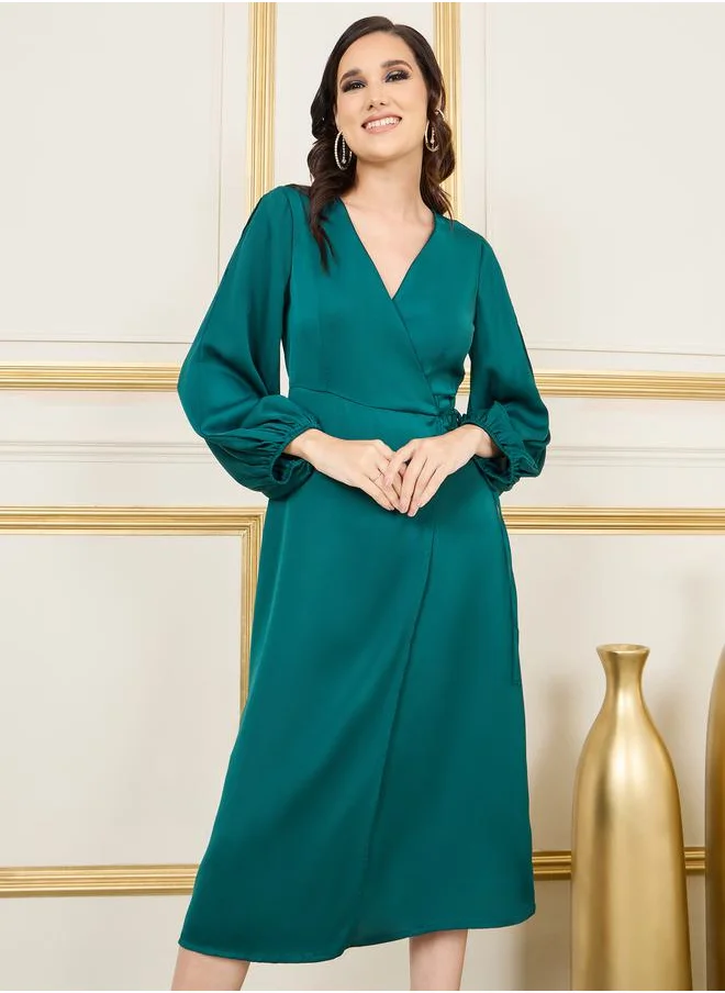 ستايلي Satin Slit Sleeves V Neck Wrap Midi Dress