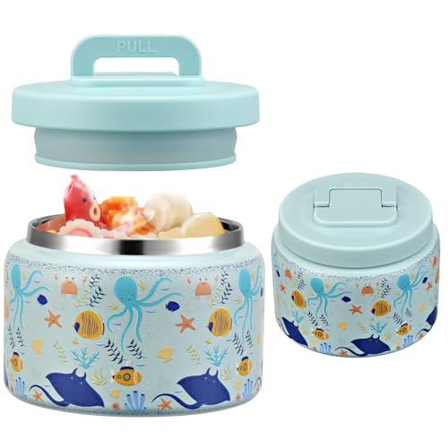 JXXM 8 Oz Thermo Food Jar for Hot & Cold Food for Kids, Insulated Lunch Containers Hot Food Jar,Leak-Proof Vacuum Stainless Steel Wide Mouth Lunch Soup Thermo for School (Blue-Octopus) - Image 1